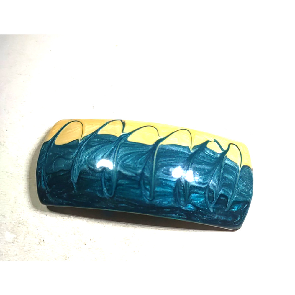 River Flow Hair Barrette Tension Clip Green Swirl Yellow Metal
